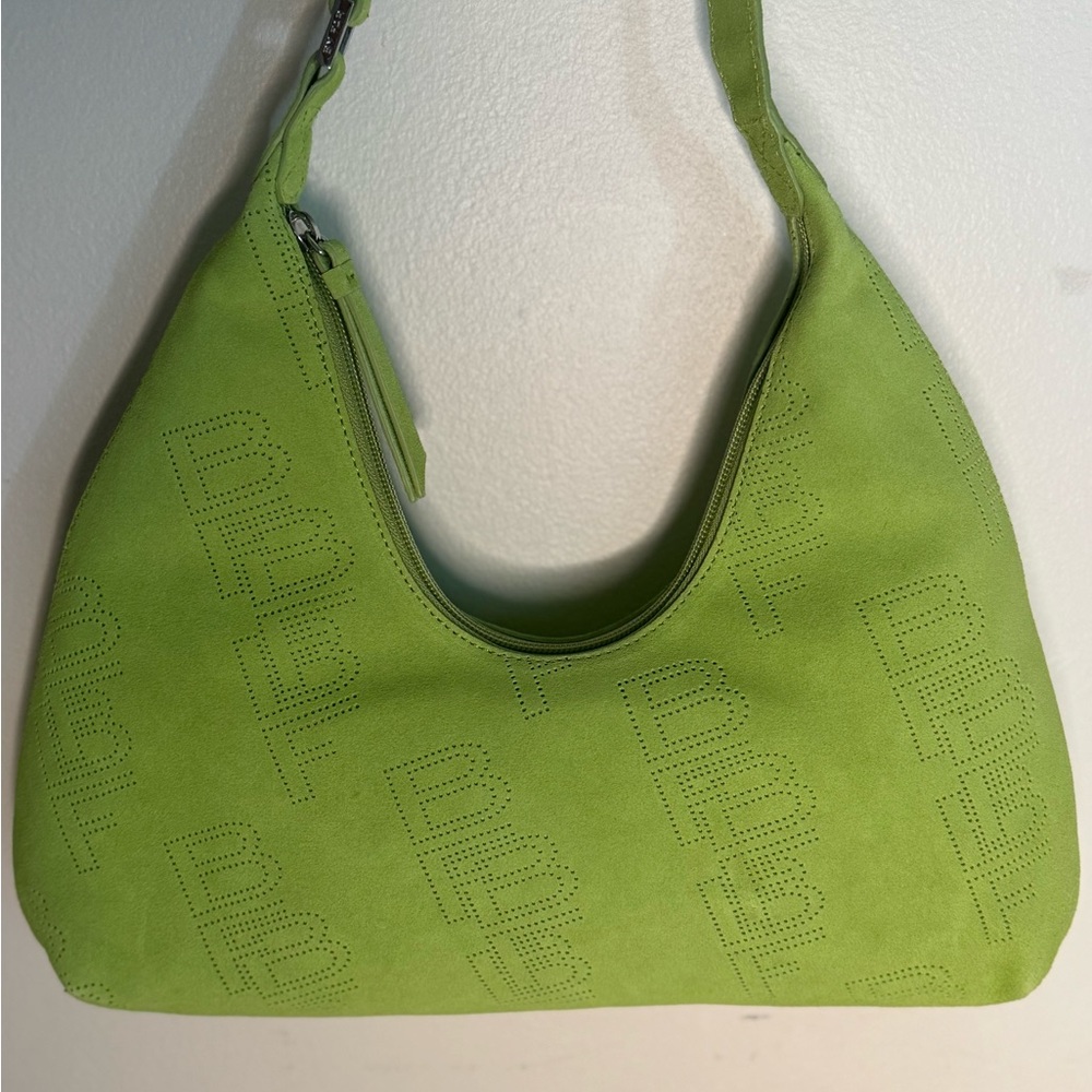 BY FAR Perforated Amber Bright Green Suede Shoulder Bag